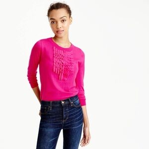 Bright Pink Ruffle-Front Crewneck Sweater